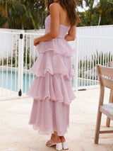 Flowy Strapless Smocked Back High Waist Resort Tiered Ruffle Maxi Dress