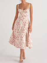 Flowy Tie Front Sweetheart Lace Up Resort Slit Floral Midi Sundress