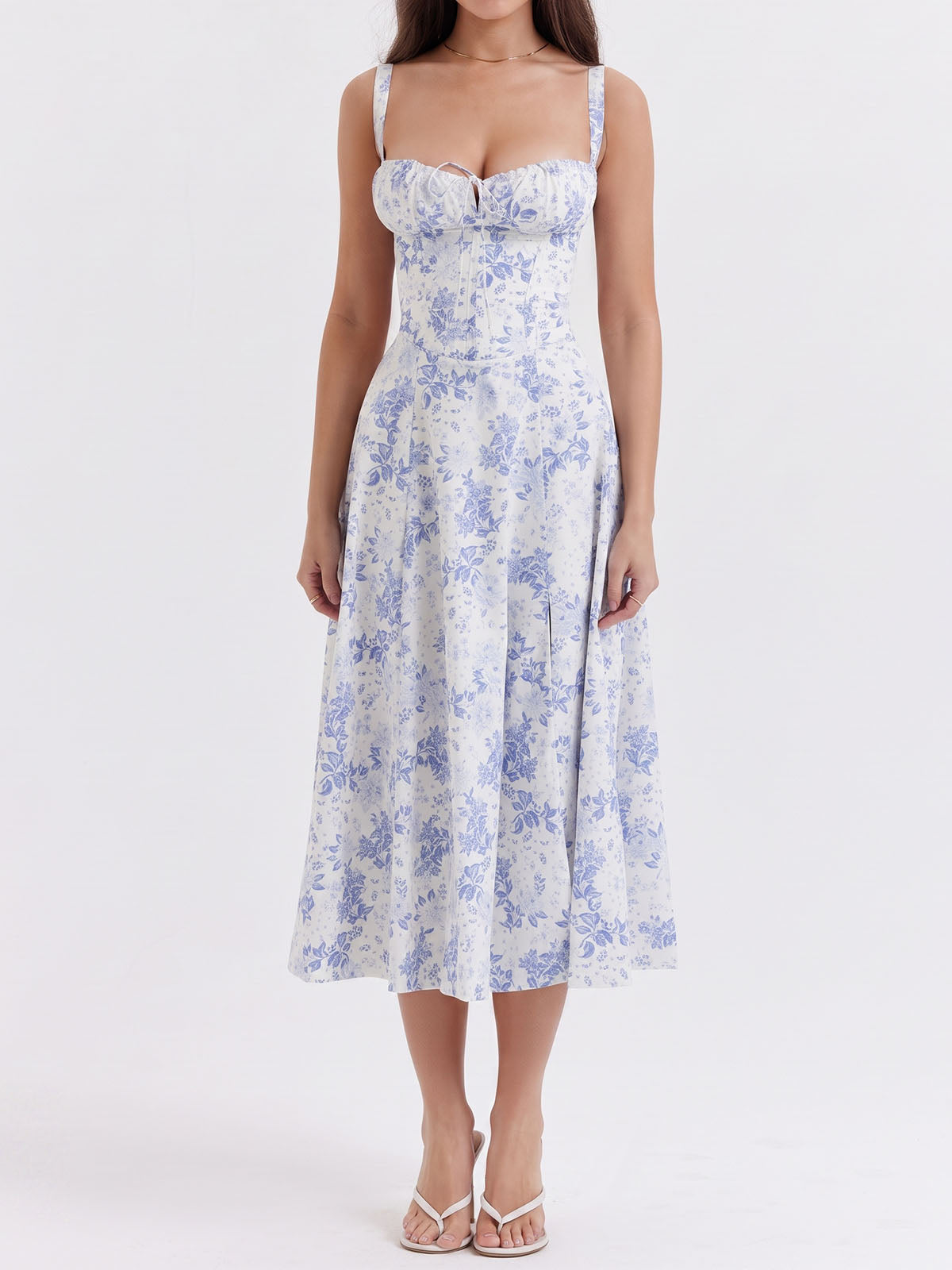 Flowy Tie Front Sweetheart Lace Up Resort Slit Floral Midi Sundress