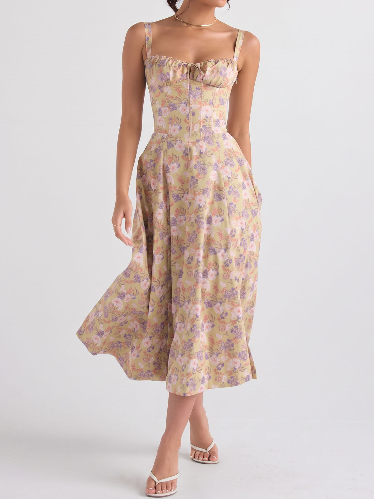 Flowy Tie Front Sweetheart Lace Up Resort Slit Floral Midi Sundress