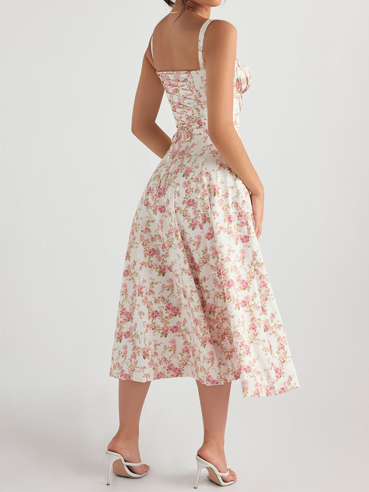 Flowy Tie Front Sweetheart Lace Up Resort Slit Floral Midi Sundress