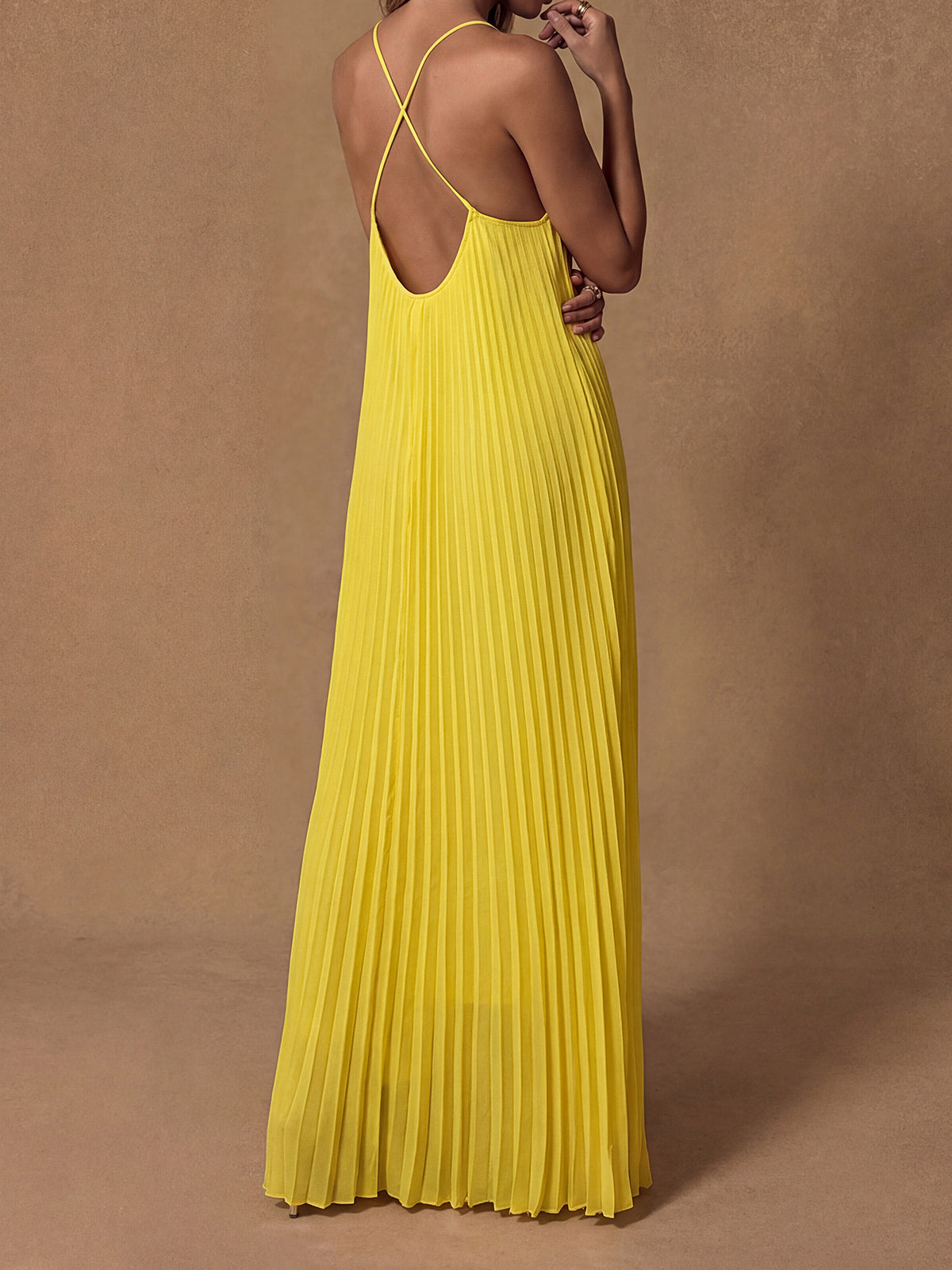 Flowy V Neck Spaghetti Strap A Line Resort Pleated Slip Maxi Dress