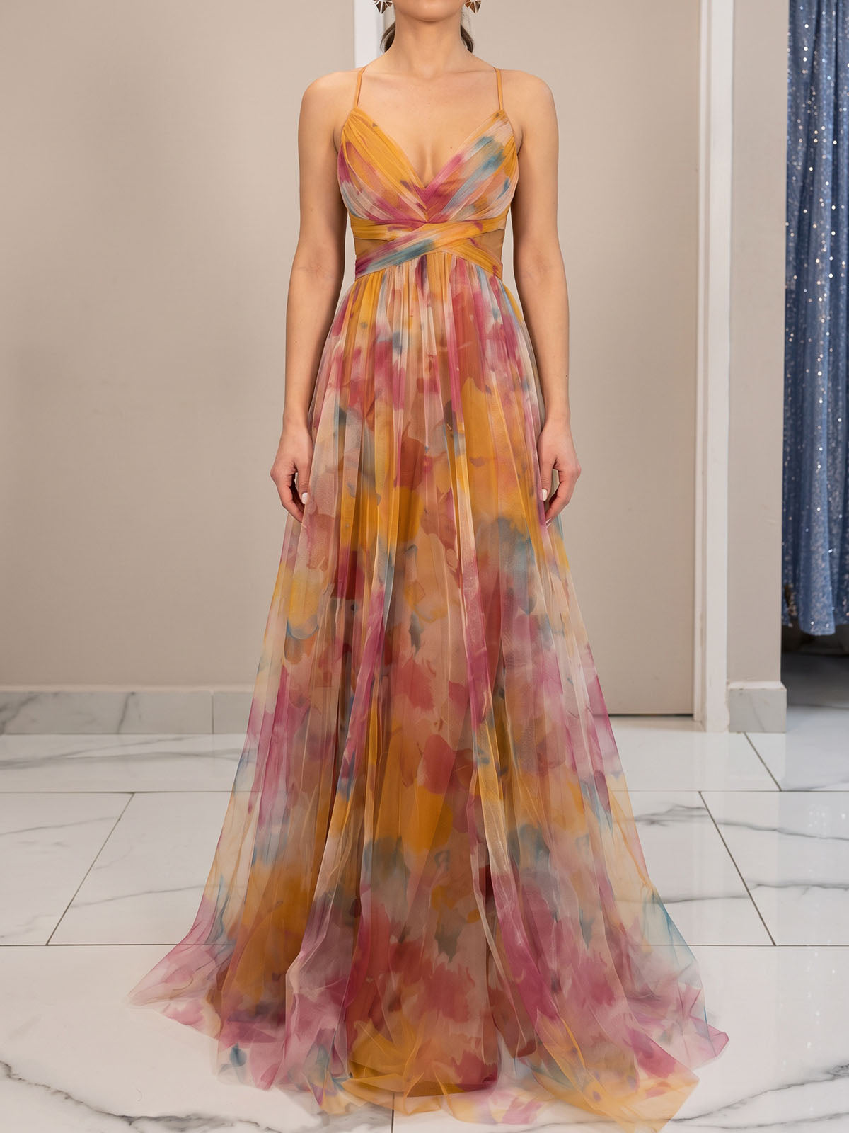 Flowy V Neck Watercolor Floral Mesh Sleeveless Wrap Cutout Maxi Dress