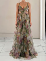 Flowy V Neck Watercolor Floral Mesh Sleeveless Wrap Cutout Maxi Dress