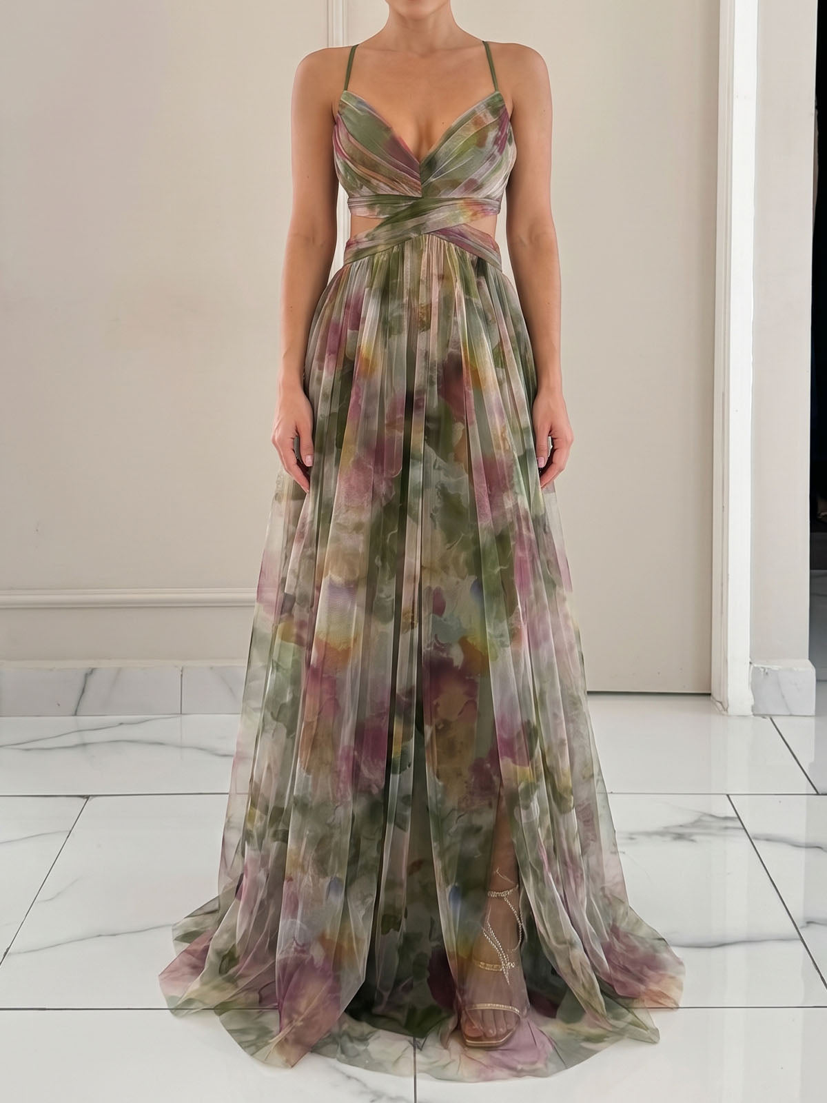 Flowy V Neck Watercolor Floral Mesh Sleeveless Wrap Cutout Maxi Dress