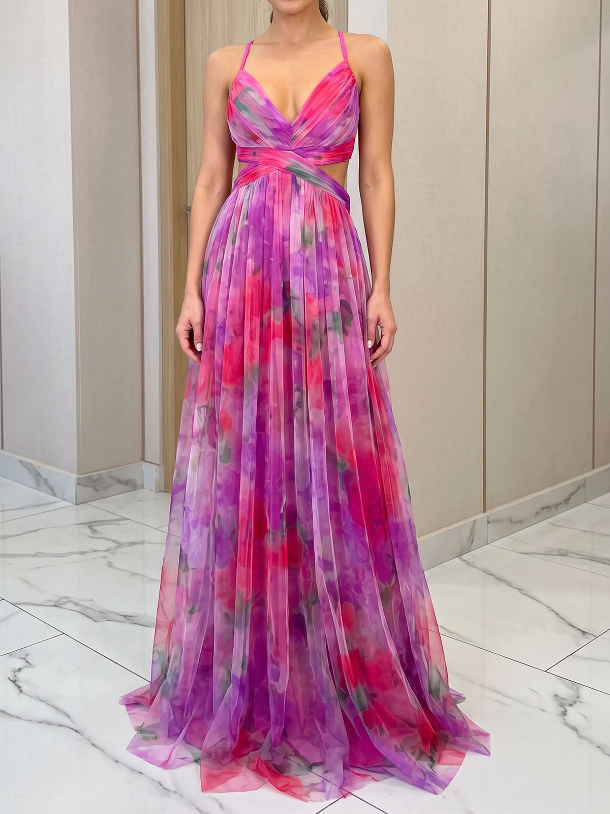 Flowy V Neck Watercolor Floral Mesh Sleeveless Wrap Cutout Maxi Dress