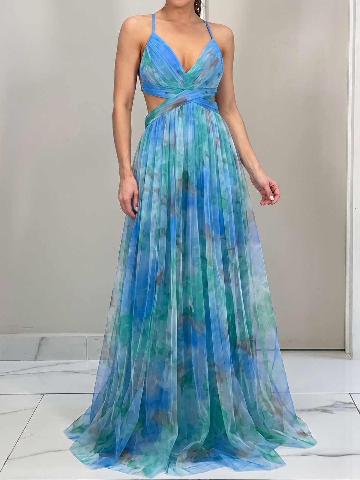 Flowy V Neck Watercolor Floral Mesh Sleeveless Wrap Cutout Maxi Dress