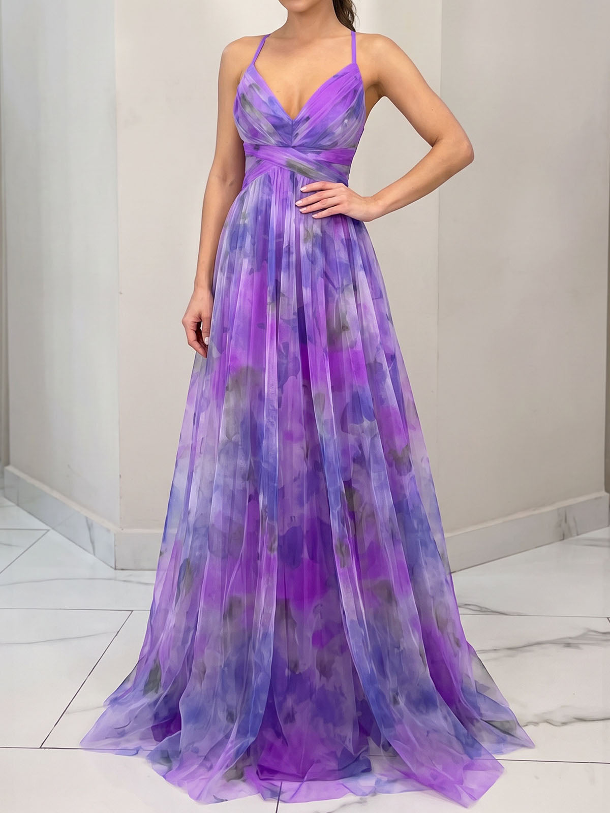 Flowy V Neck Watercolor Floral Mesh Sleeveless Wrap Cutout Maxi Dress