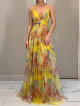 Flowy V Neck Watercolor Floral Mesh Sleeveless Wrap Cutout Maxi Dress