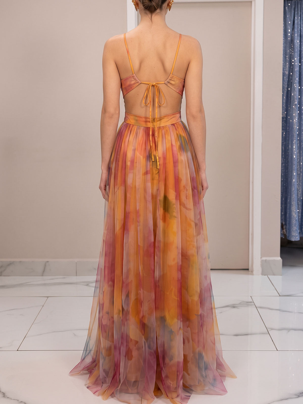 Flowy V Neck Watercolor Floral Mesh Sleeveless Wrap Cutout Maxi Dress