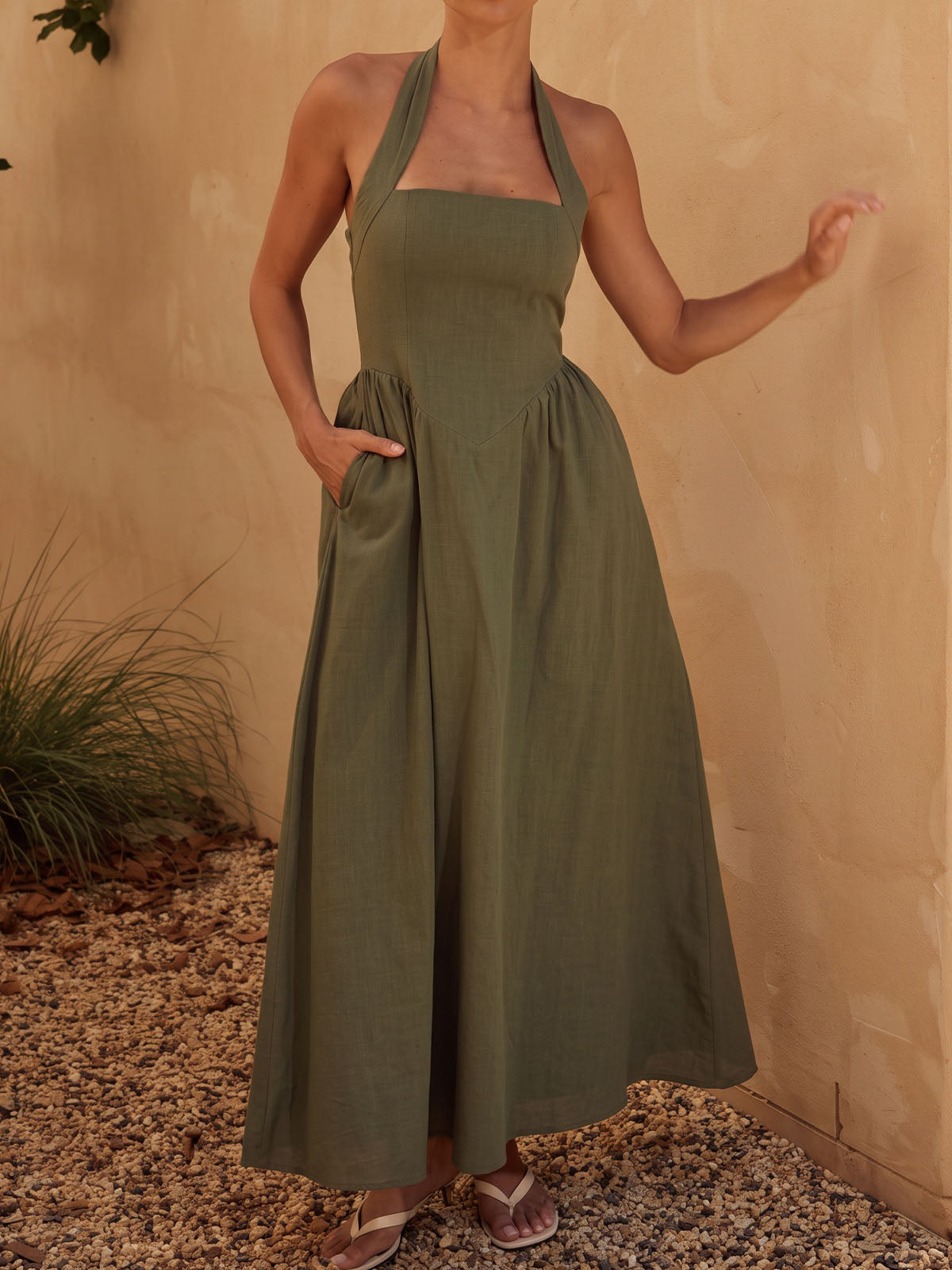 French Halter Fit & Flare Sleeveless Resort Drop Waist Maxi Dress