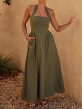 French Halter Fit & Flare Sleeveless Resort Drop Waist Maxi Dress