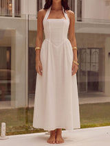 French Halter Fit & Flare Sleeveless Resort Drop Waist Maxi Dress