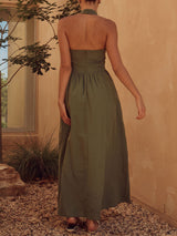 French Halter Fit & Flare Sleeveless Resort Drop Waist Maxi Dress
