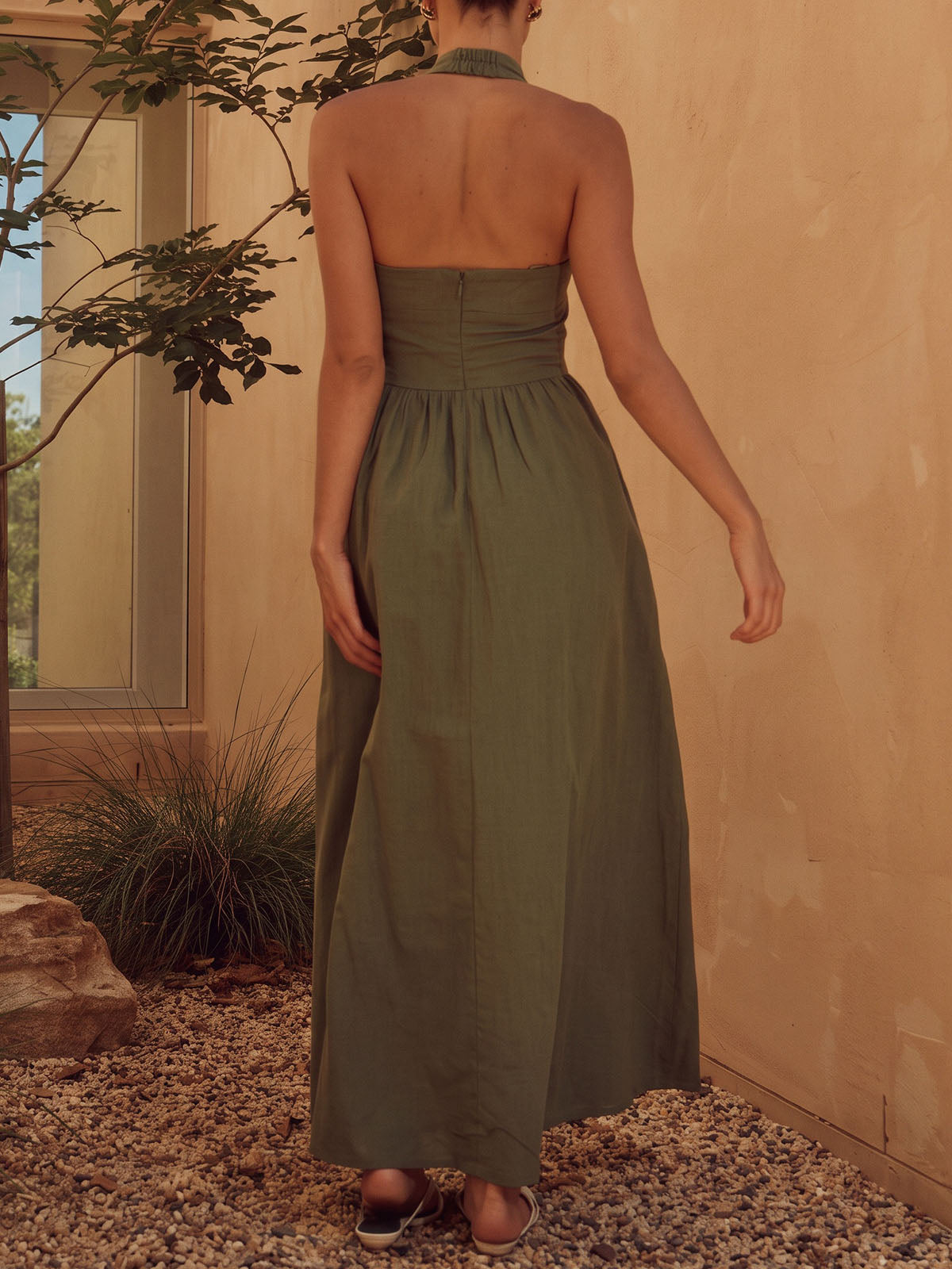 French Halter Fit & Flare Sleeveless Resort Drop Waist Maxi Dress