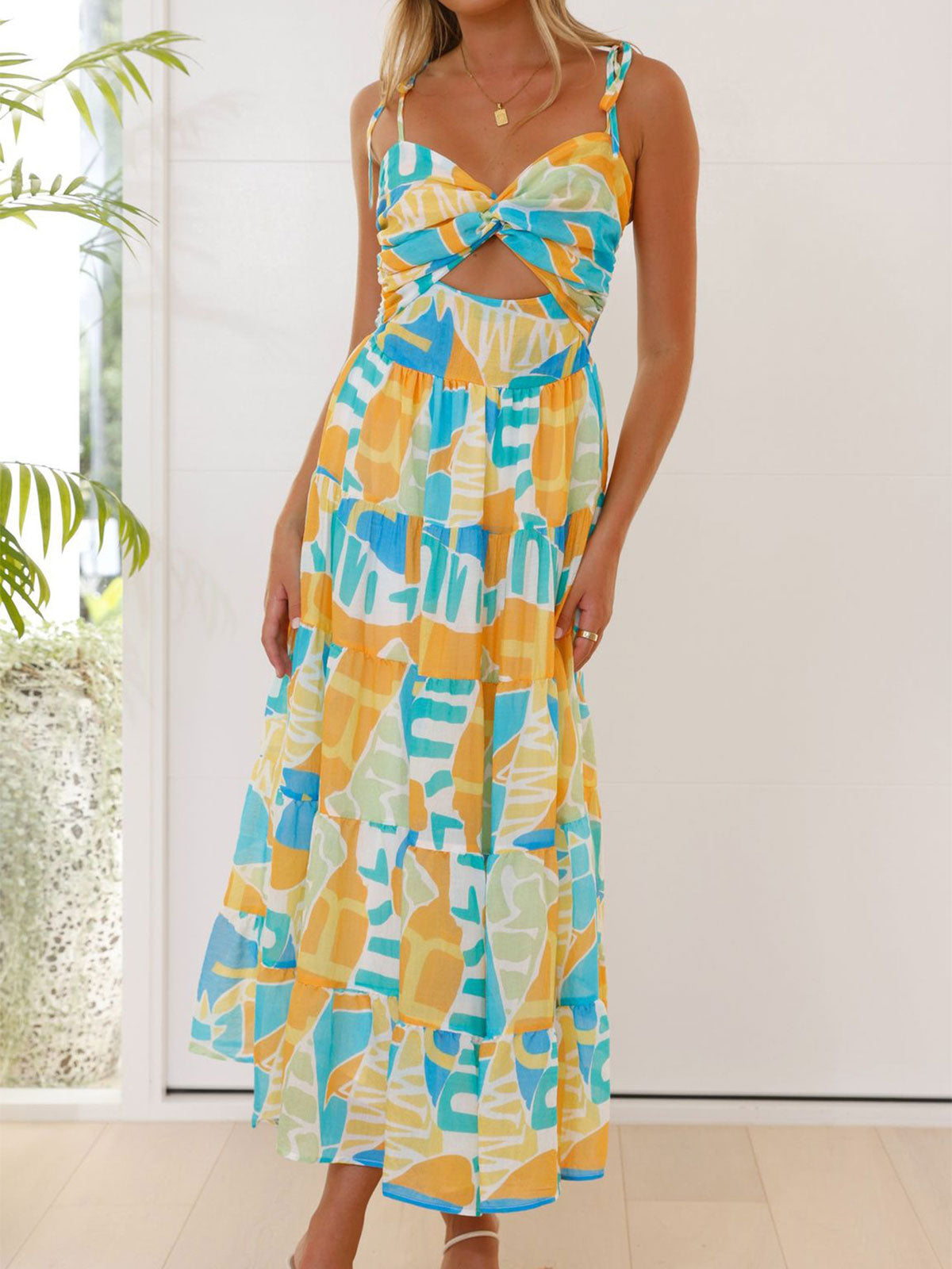 Geometric Print Twist Sweetheart Resort Ruffle Tiered Midi Sundress