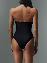 Glow Flower Ruched Cutout Brazilian Cheeky Halter One Piece Swimsuit