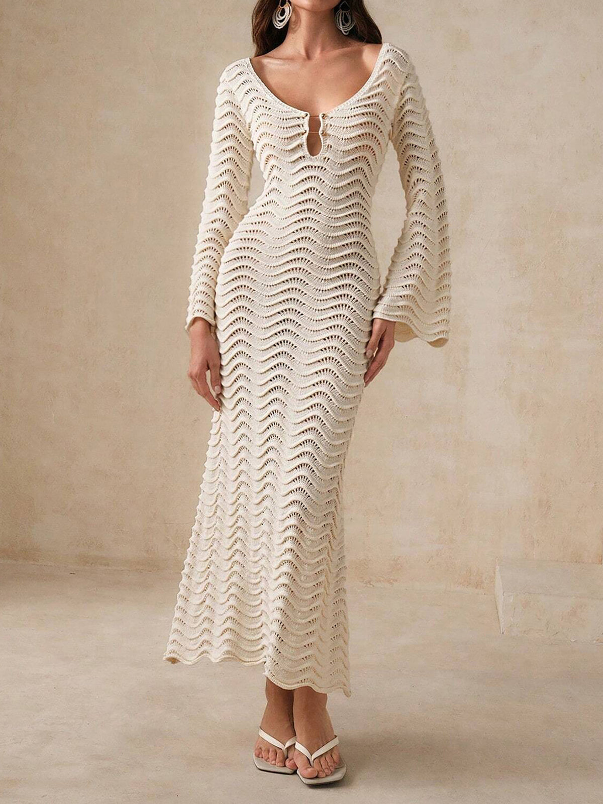 Gold Pin Deep V Bell Sleeve Beach Crochet Knit Cover Up Maxi Dress