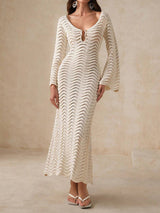 Gold Pin Deep V Bell Sleeve Beach Crochet Knit Cover Up Maxi Dress