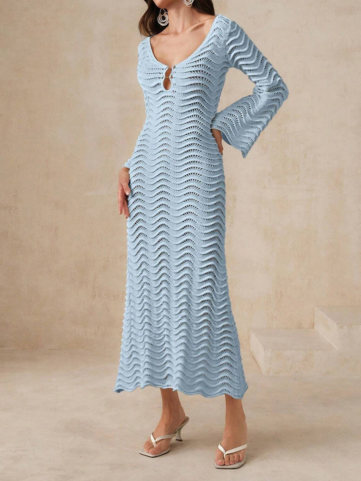 Gold Pin Deep V Bell Sleeve Beach Crochet Knit Cover Up Maxi Dress
