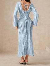 Gold Pin Deep V Bell Sleeve Beach Crochet Knit Cover Up Maxi Dress