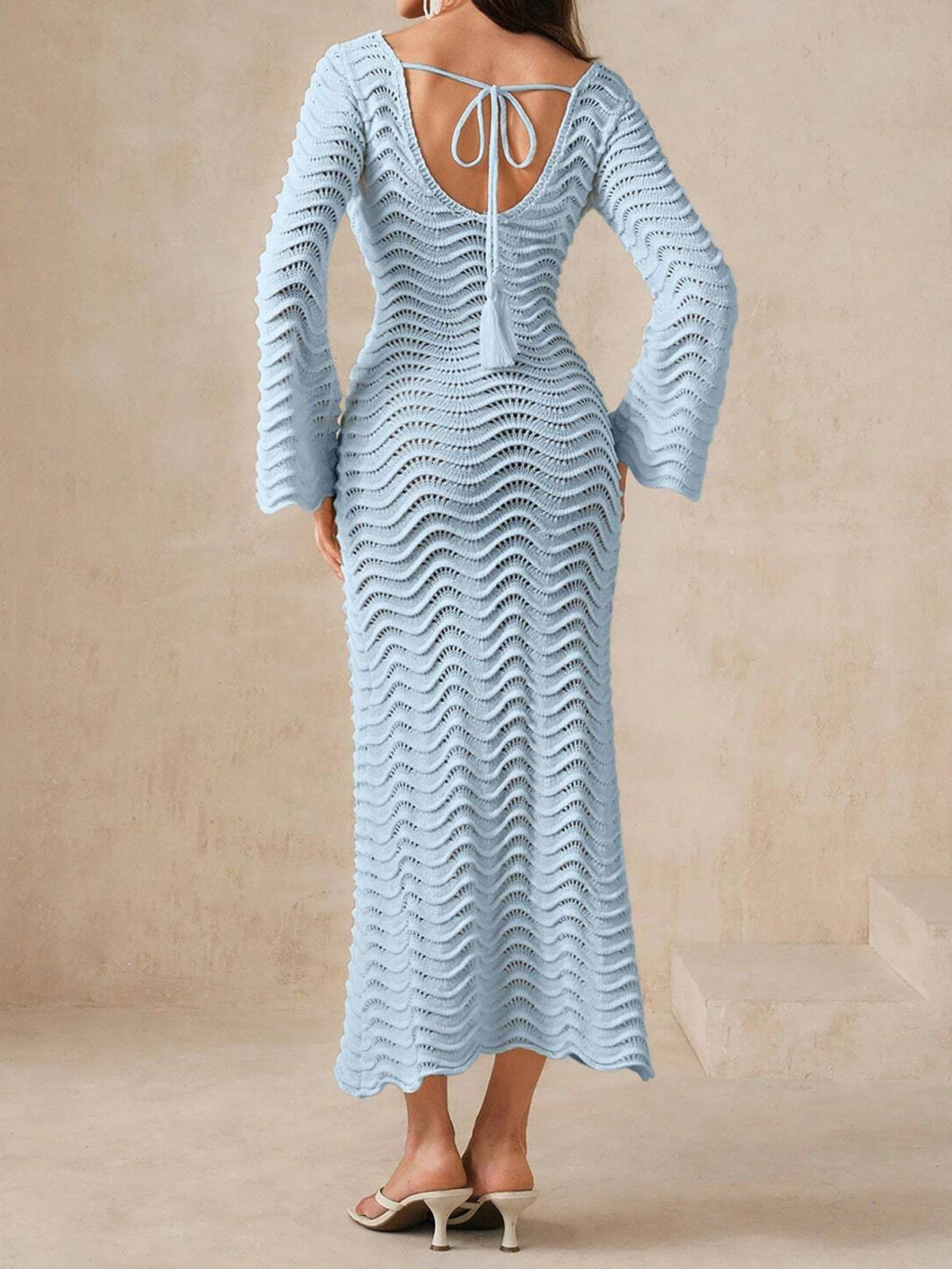 Gold Pin Deep V Bell Sleeve Beach Crochet Knit Cover Up Maxi Dress