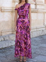 Graceful One Shoulder Drop Waist Resort Tie Dye Printed Maxi Dress