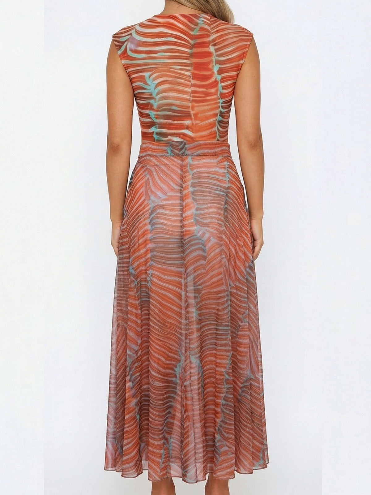 Ocean Print Skirt Round Neck Cap Sleeve Two Piece Swimsuit