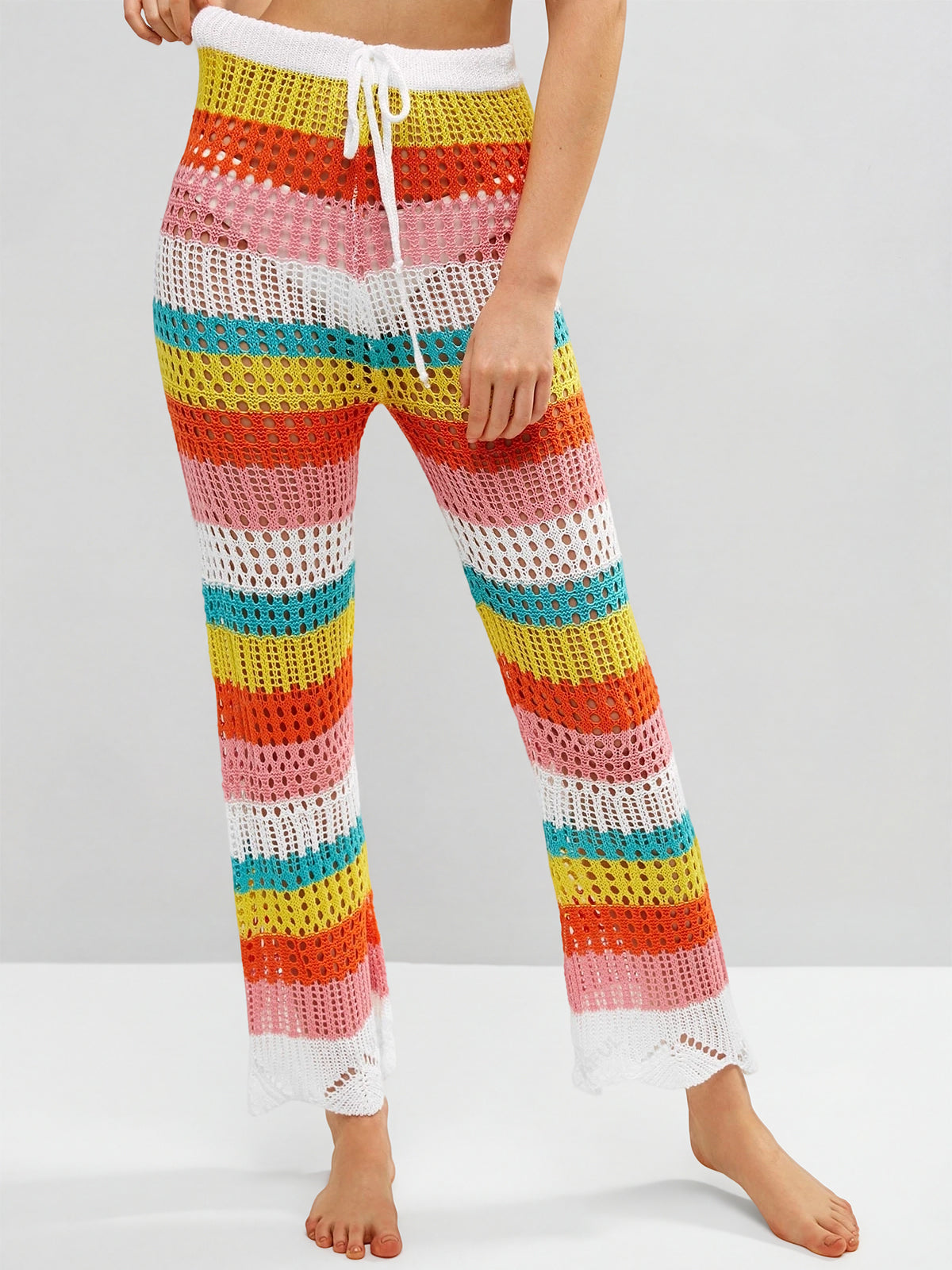 Rainbow Striped Tie High Waist Beach Crochet Knit Cover Up Pants