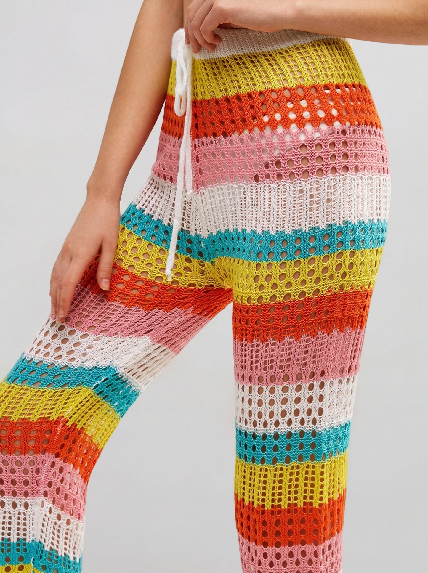 Rainbow Striped Tie High Waist Beach Crochet Knit Cover Up Pants