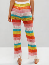 Rainbow Striped Tie High Waist Beach Crochet Knit Cover Up Pants