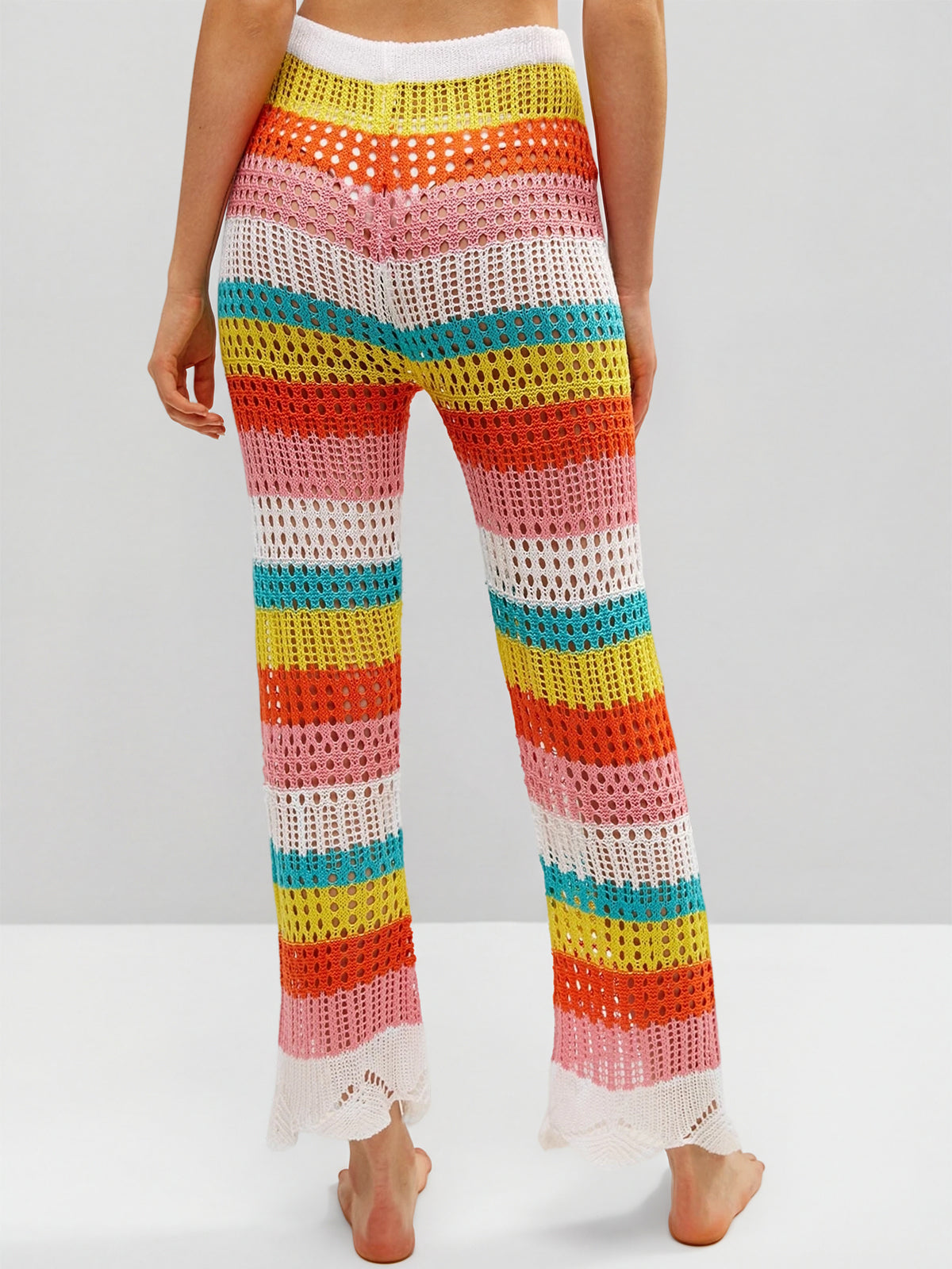 Rainbow Striped Tie High Waist Beach Crochet Knit Cover Up Pants