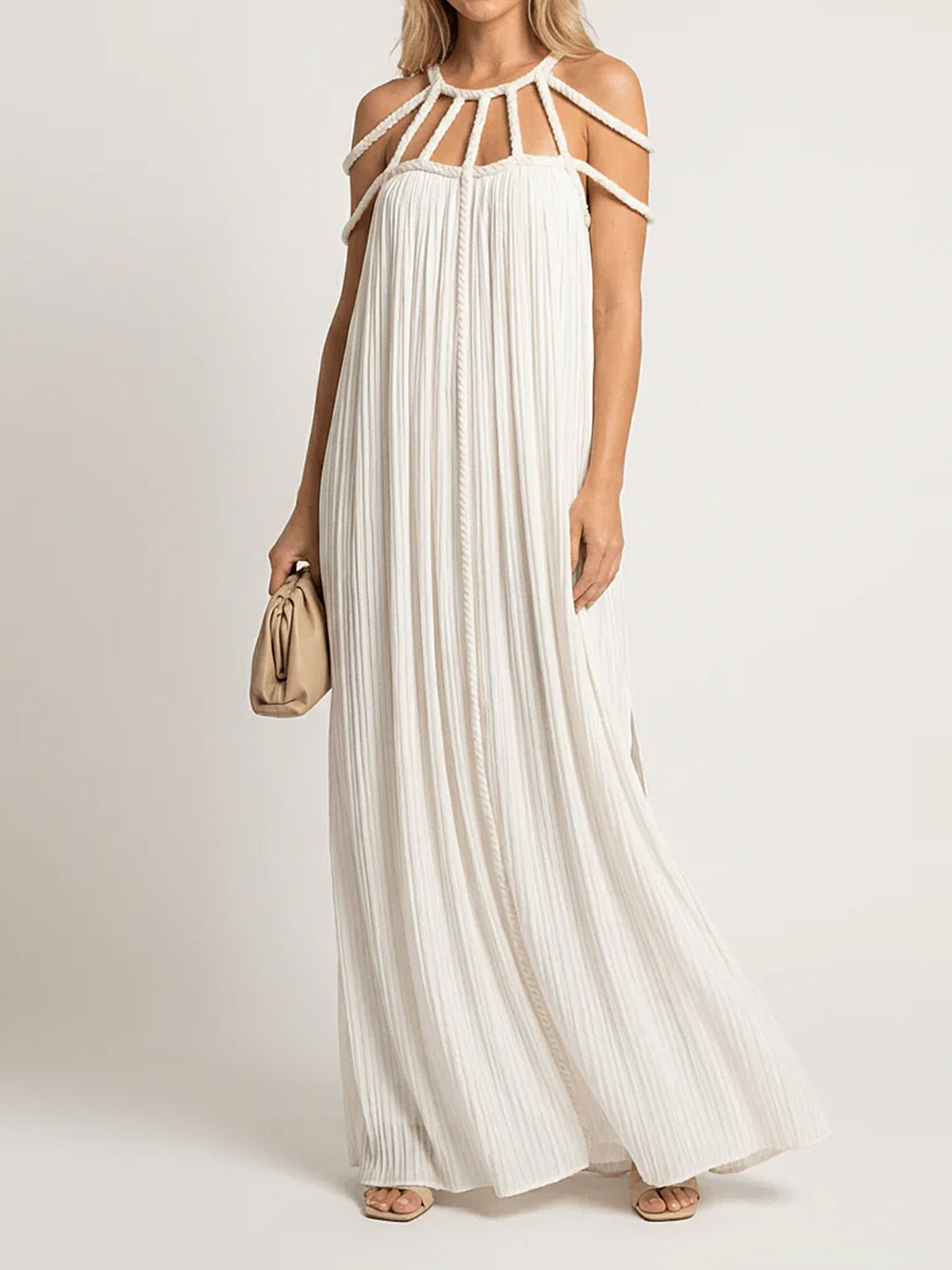 Resort Cage Neck Braided Wrap Tie Cutout Back Pleated Maxi Dress