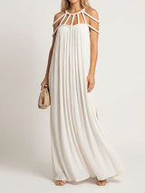 Resort Cage Neck Braided Wrap Tie Cutout Back Pleated Maxi Dress