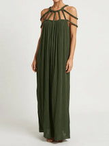 Resort Cage Neck Braided Wrap Tie Cutout Back Pleated Maxi Dress