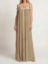 Resort Cage Neck Braided Wrap Tie Cutout Back Pleated Maxi Dress