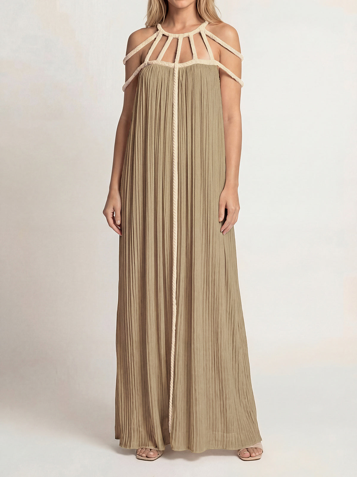 Resort Cage Neck Braided Wrap Tie Cutout Back Pleated Maxi Dress
