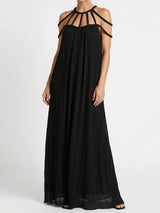 Resort Cage Neck Braided Wrap Tie Cutout Back Pleated Maxi Dress