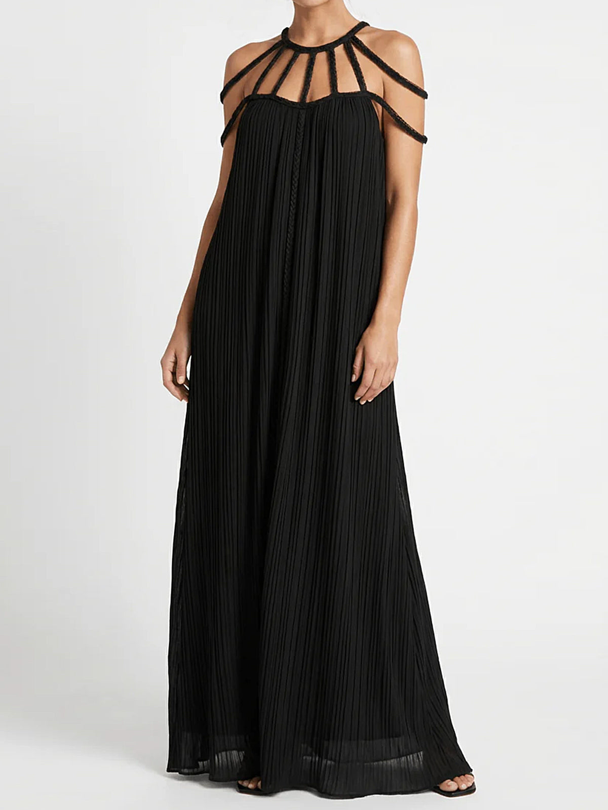 Resort Cage Neck Braided Wrap Tie Cutout Back Pleated Maxi Dress