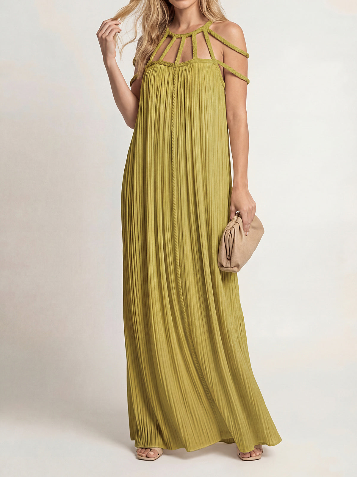 Resort Cage Neck Braided Wrap Tie Cutout Back Pleated Maxi Dress