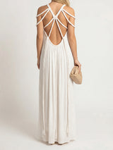 Resort Cage Neck Braided Wrap Tie Cutout Back Pleated Maxi Dress