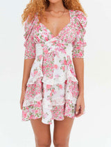 Resort Floral Pleated V Neck Lace Ruffle Tiered Puff Sleeve Mini Dress