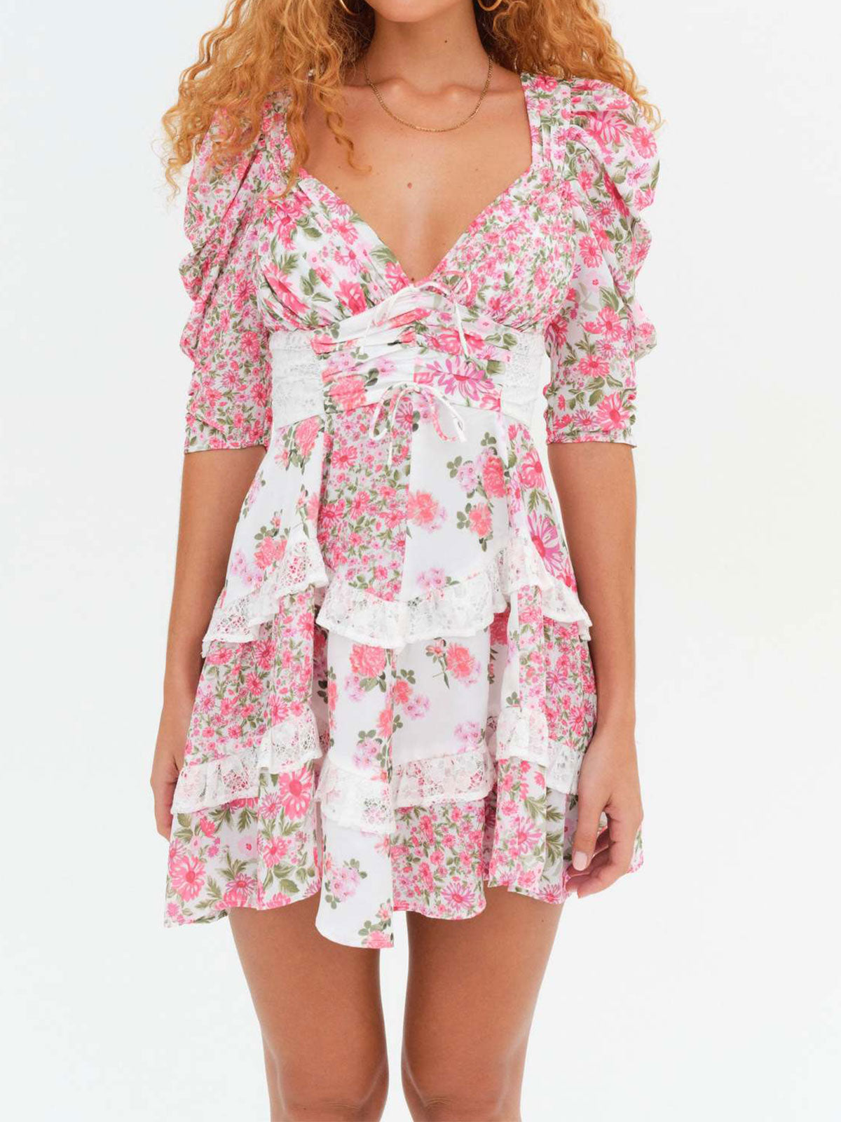 Resort Floral Pleated V Neck Lace Ruffle Tiered Puff Sleeve Mini Dress