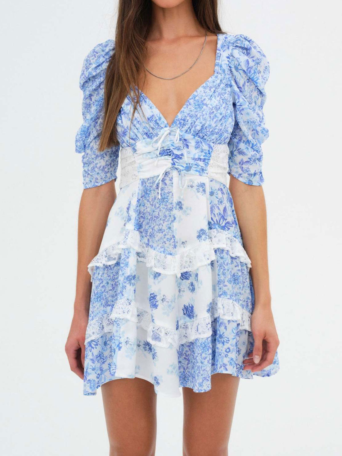 Resort Floral Pleated V Neck Lace Ruffle Tiered Puff Sleeve Mini Dress