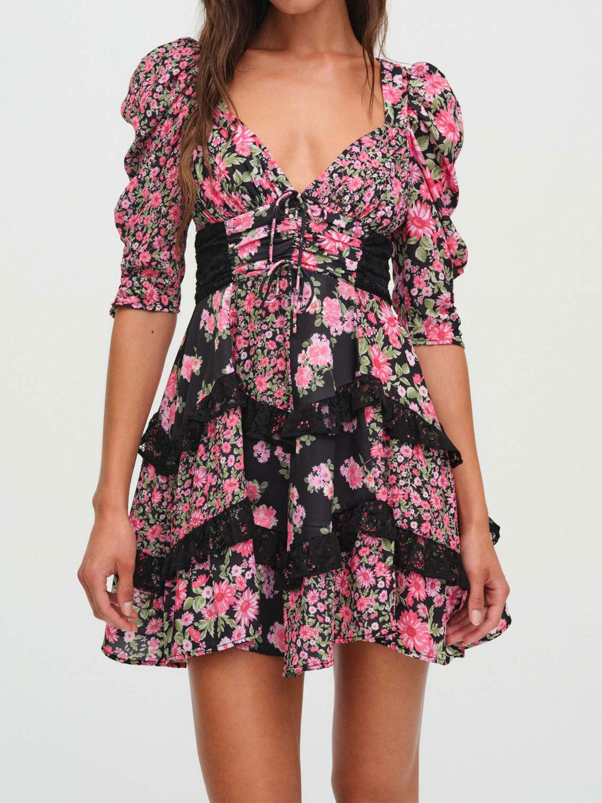 Resort Floral Pleated V Neck Lace Ruffle Tiered Puff Sleeve Mini Dress