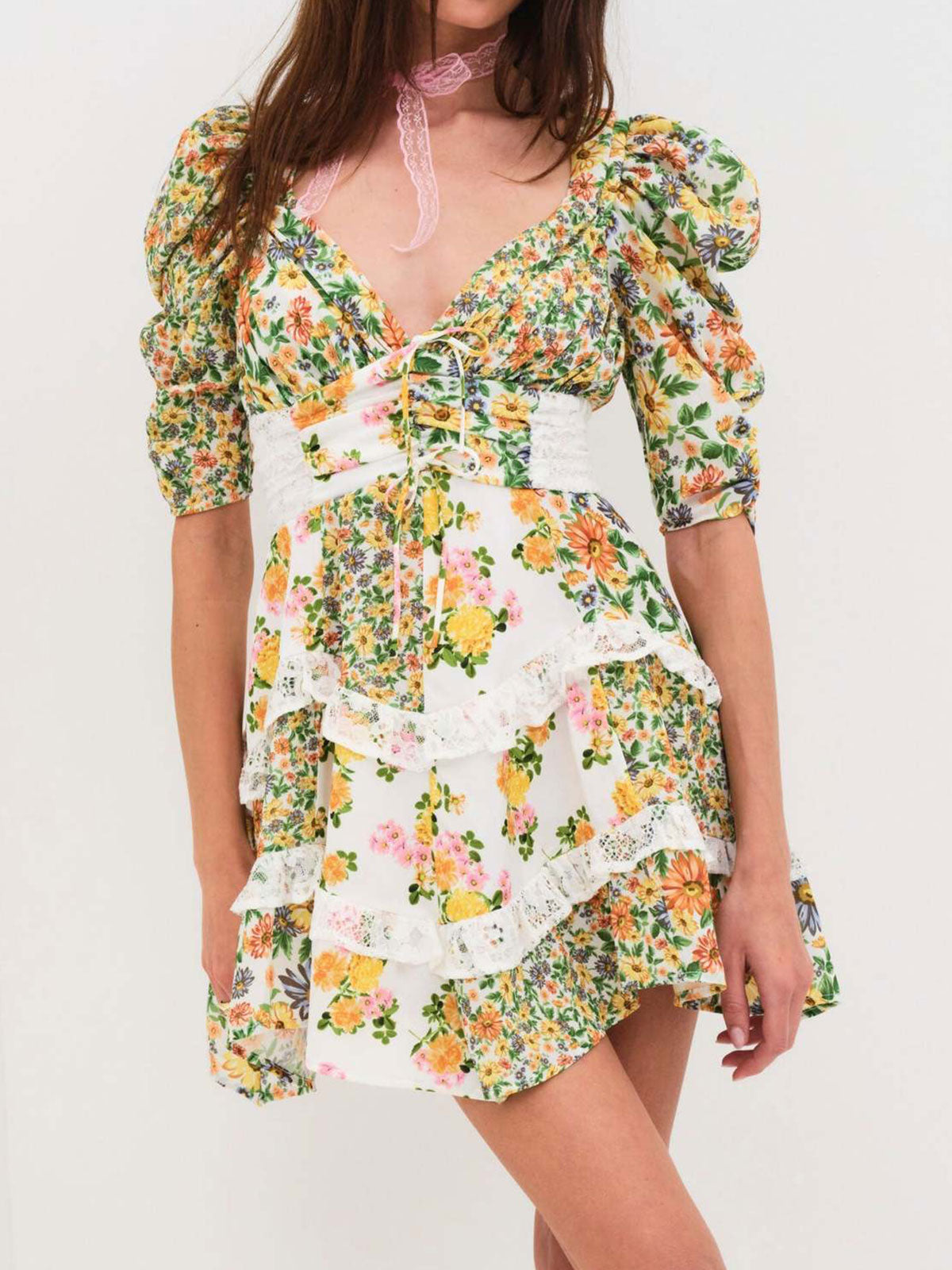 Resort Floral Pleated V Neck Lace Ruffle Tiered Puff Sleeve Mini Dress
