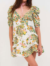 Resort Floral Pleated V Neck Lace Ruffle Tiered Puff Sleeve Mini Dress