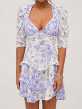 Resort Floral Pleated V Neck Lace Ruffle Tiered Puff Sleeve Mini Dress