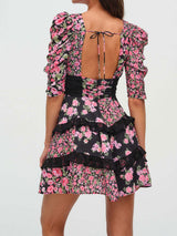 Resort Floral Pleated V Neck Lace Ruffle Tiered Puff Sleeve Mini Dress