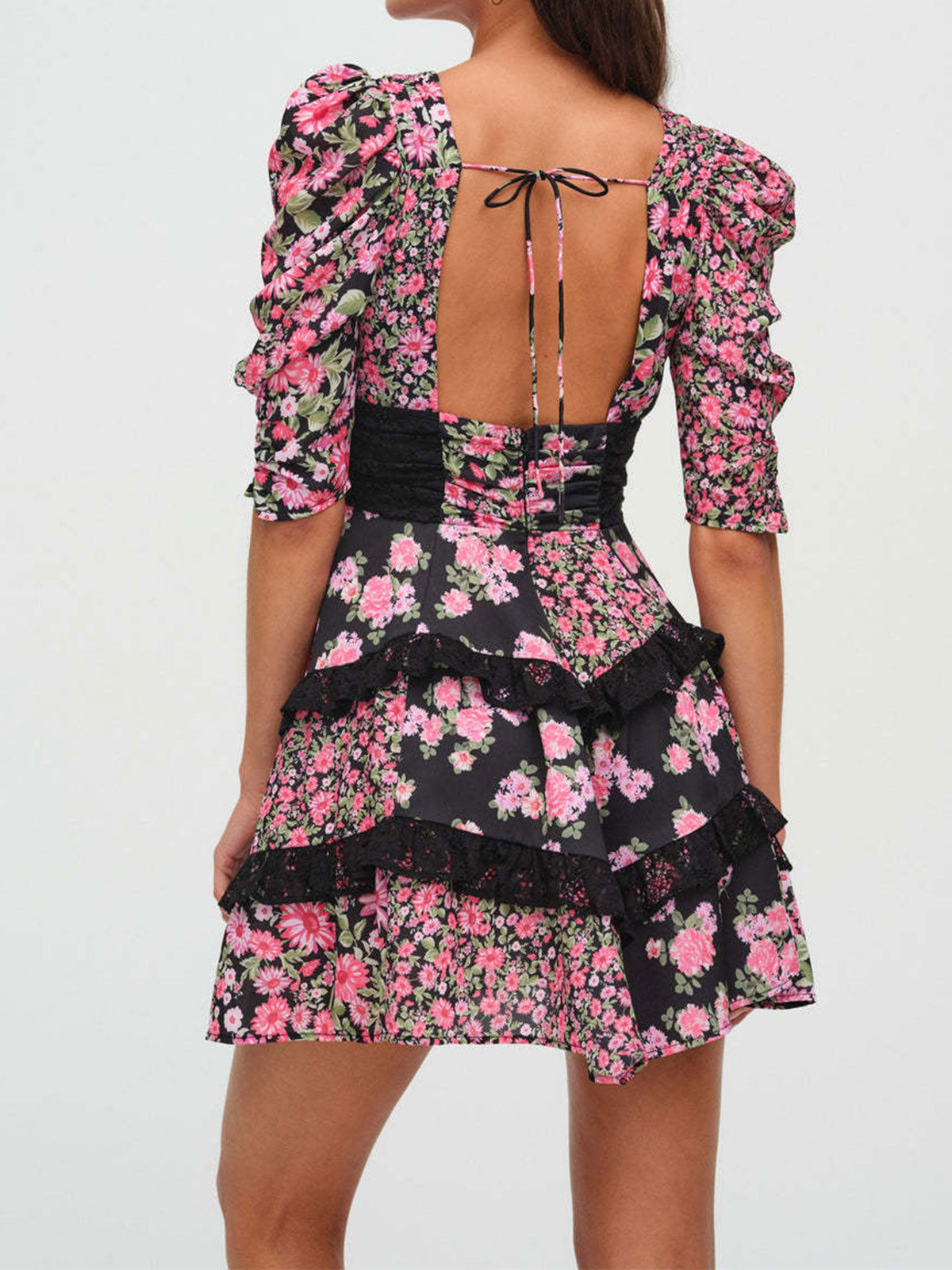 Resort Floral Pleated V Neck Lace Ruffle Tiered Puff Sleeve Mini Dress
